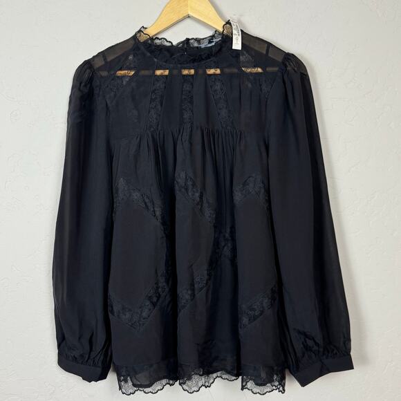 Madewell Lace Inset Mock Neck Long Sleeve Top XL Silk Cami Sheer Goth Whimsy NWT - Picture 3 of 14